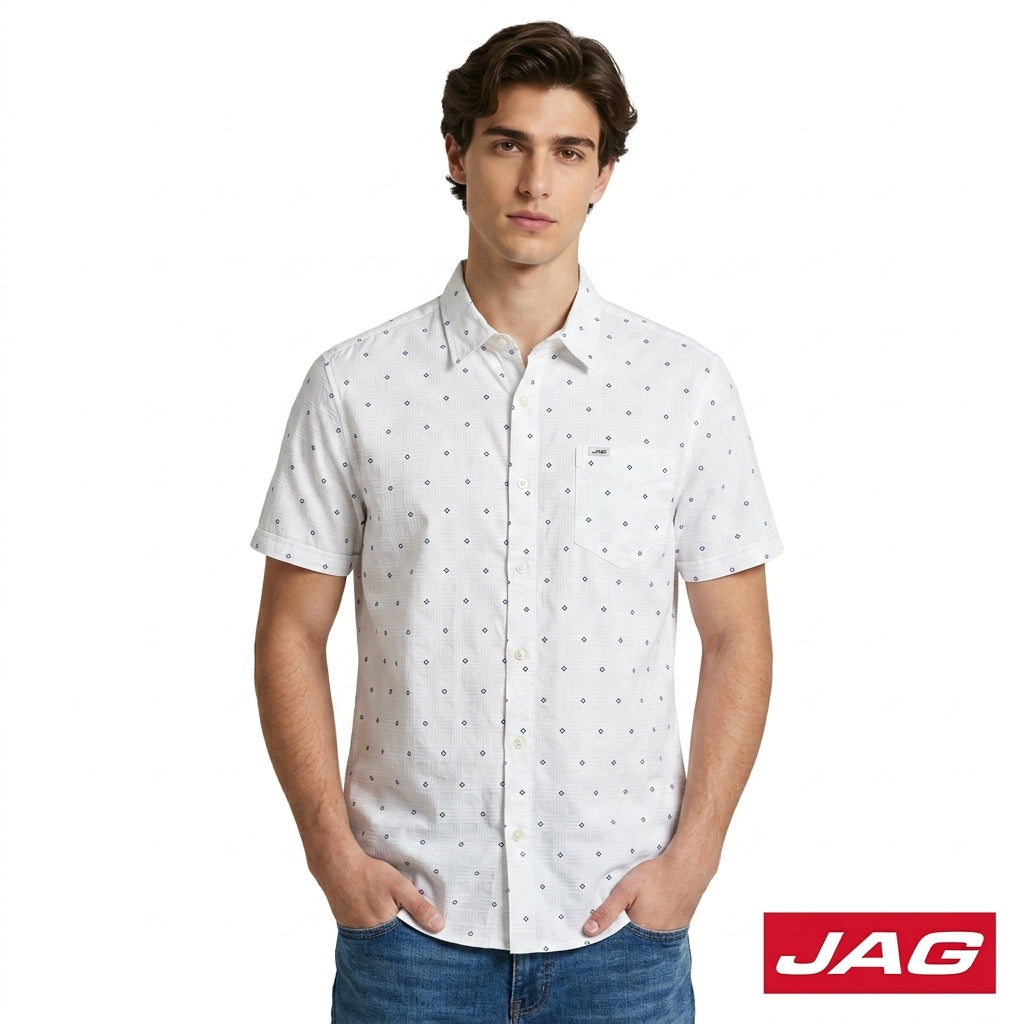 Jag Men's Relaxed Fit Printed Oxford Short Sleeve Polo 964E8000