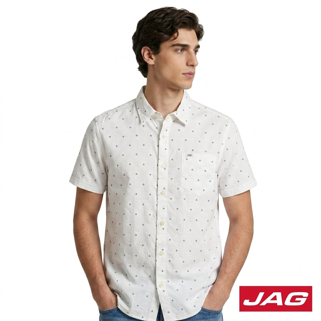 Jag Men's Relaxed Fit Printed Oxford Short Sleeve Polo 964E8000