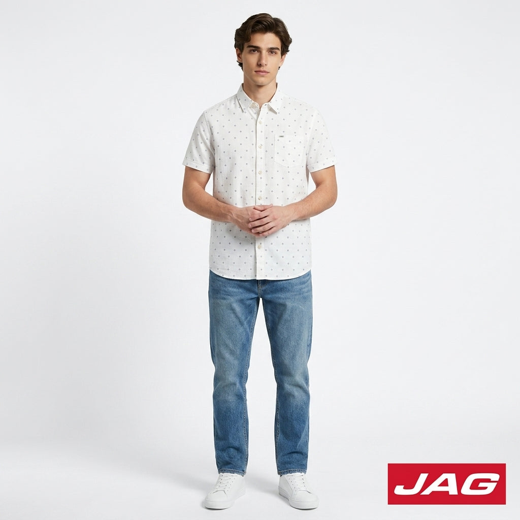 Jag Men's Relaxed Fit Printed Oxford Short Sleeve Polo 964E8000